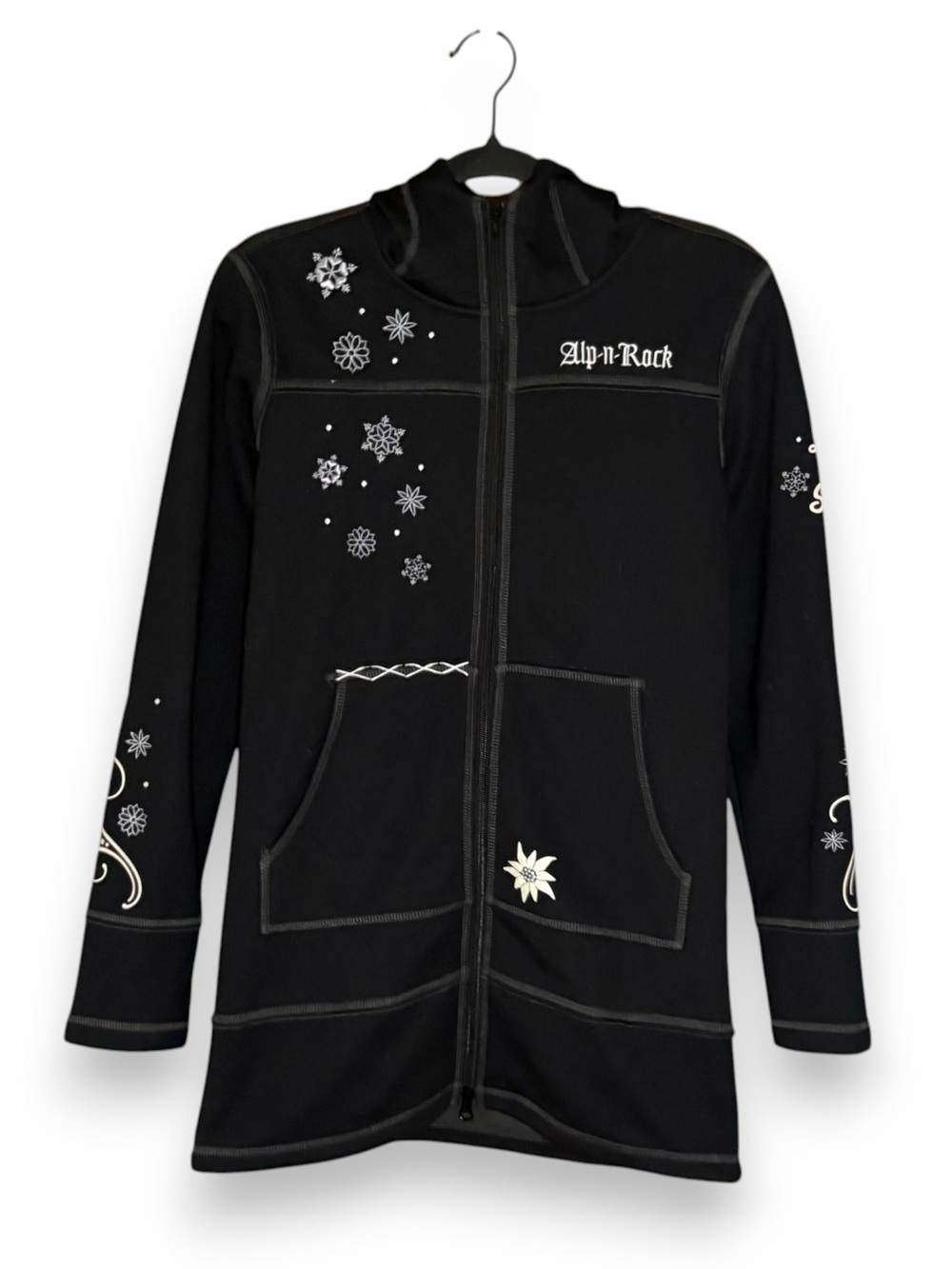 Alp n Rock Let it Snow Black Longline Zip Up Hoodie Size XS Snowflake Winter